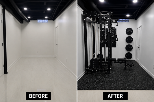 Before and after of Dani's Shelby Township basement home gym by Forged Fitness