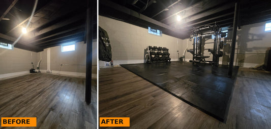 Before and after of a basement home gym in Detroit, Michigan